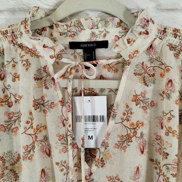 O Forever 21 Cream Wildflower Neck Tie Smocked Cropped Long Sleeve Top NWT M - Picture 8 of 13